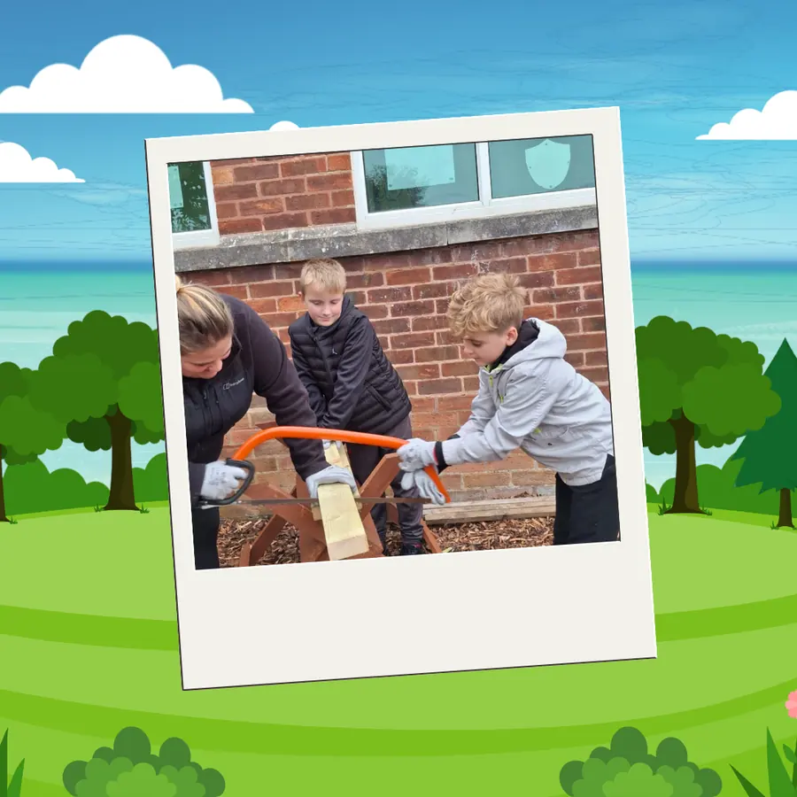 Pupil taking part in active outdoor learning at Ysgol Bro Carmel